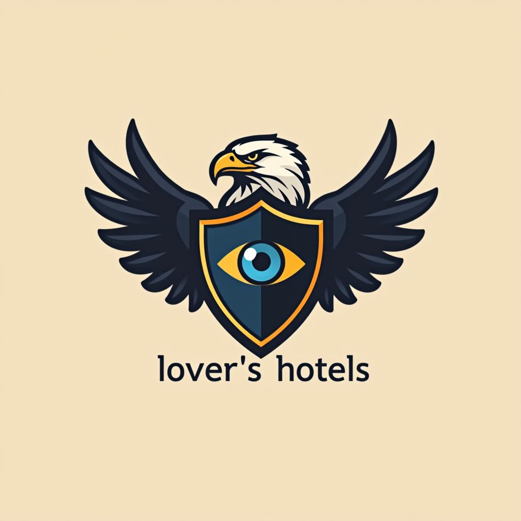  design a logo, create an emblem logo using an eagle’s eye and a shield, emphasizing the company’s focus on vigilance and protection., with the text 'lovers hotels'.