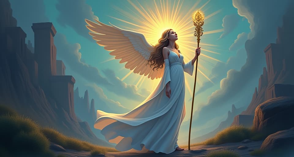  divine figure with radiant halo, holding a mystical staff. ethereal landscape reminiscent of ancient, sacred times, evoking chosen destiny.. the style is digital art illustration,highly detailed, whimsical,magical, dreamlike atmosphere, realism and fantasy blend, smooth, glossy textures,luminous quality, wonder and enchantment.