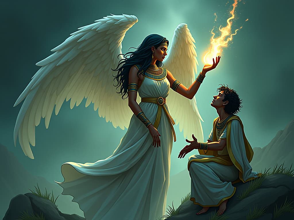  a nurturing angelic figure, tender and empathetic, extending a glowing hand to a distressed individual, their surroundings reflecting the storm within. the style is digital art illustration / modern comic book / mysterious occult, symbolic, esoteric vibe,high detail on character design, incorporating ancient egyptian symbology and attire.