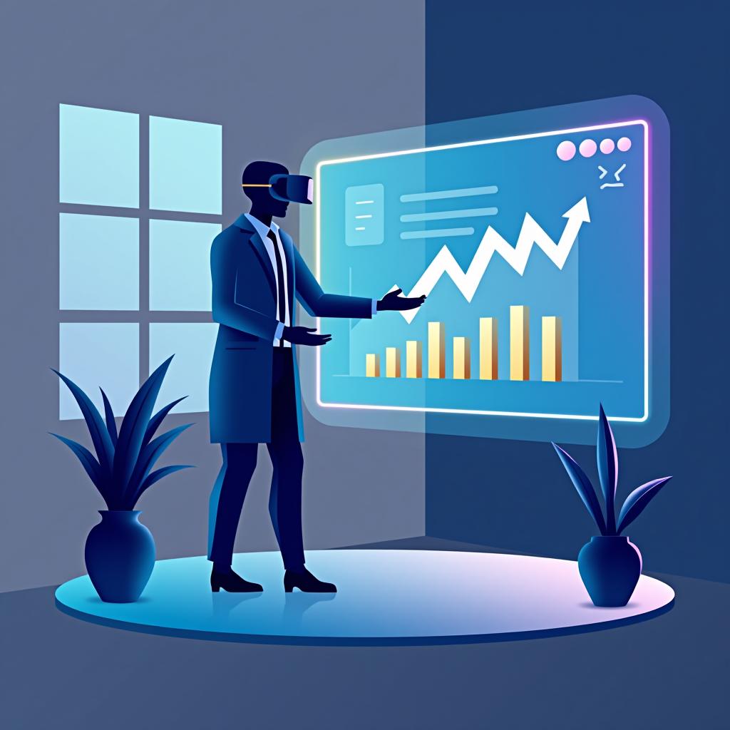  financial consultant using vr for financial planning concept: innovative 2d minimalist vector illustration showing immersive analysis in virtual reality