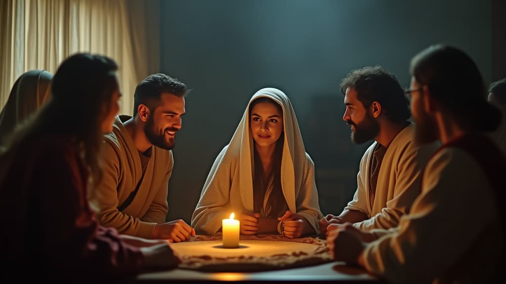  history of biblical times, rebecca meeting her family, sharing the news of the servant and the gifts received. hyperrealistic, full body, detailed clothing, highly detailed, cinematic lighting, stunningly beautiful, intricate, sharp focus, f/1. 8, 85mm, (centered image composition), (professionally color graded), ((bright soft diffused light)), volumetric fog, trending on instagram, trending on tumblr, HDR 4K, 8K