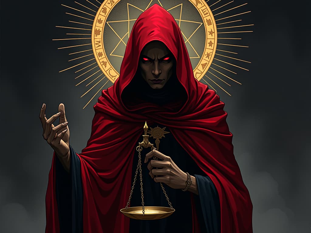  figure cloaked in red, sharp eyes, holding scales, aura of discernment. the style is digital art illustration / modern comic book / graphic dark novel fantasy and mysterious occult, symbolic, moody lighting, esoteric vibe,high detail on character design. for the color scheme emphasize blacks and reds.