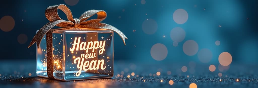  transparent glass christmas gift with glass bow, golden glowing text “happy new year”, festive blue bokeh background ar 3:1 {prompt}, maximum details