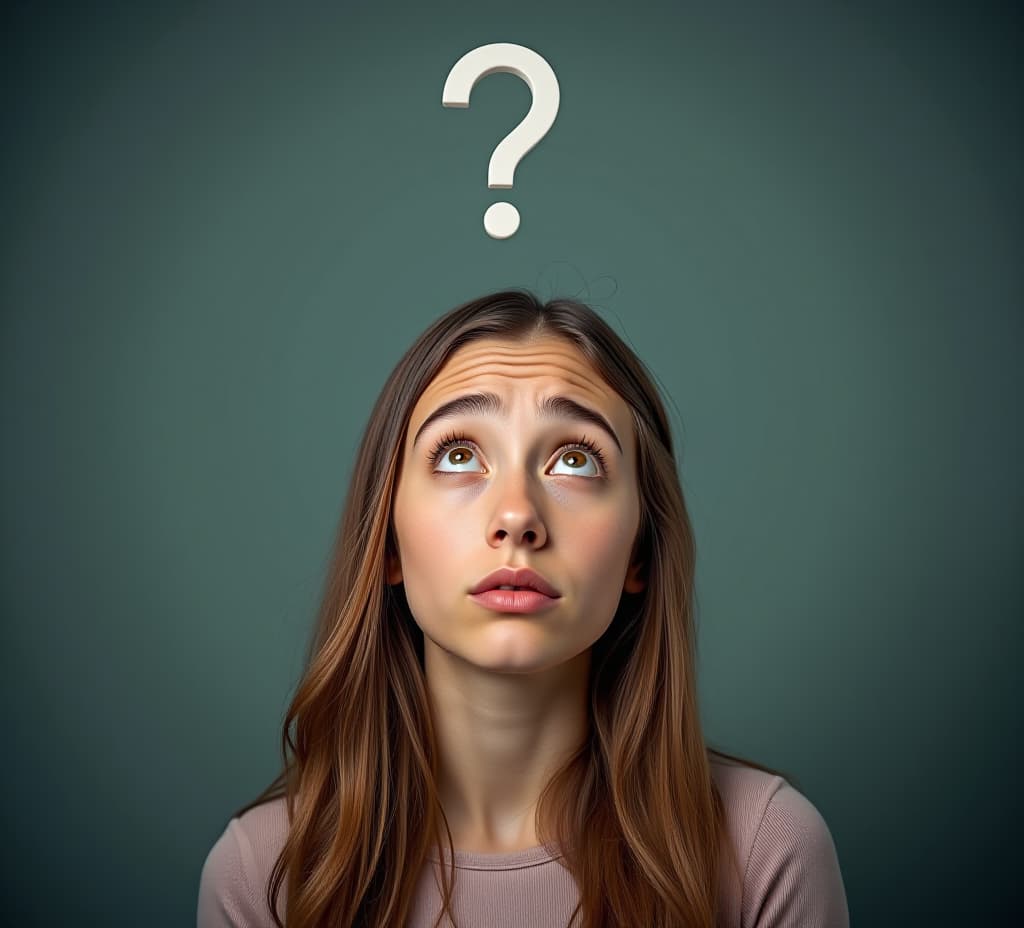  young woman looking up with a confused expression and a floating question mark above her head, representing uncertainty and contemplation.