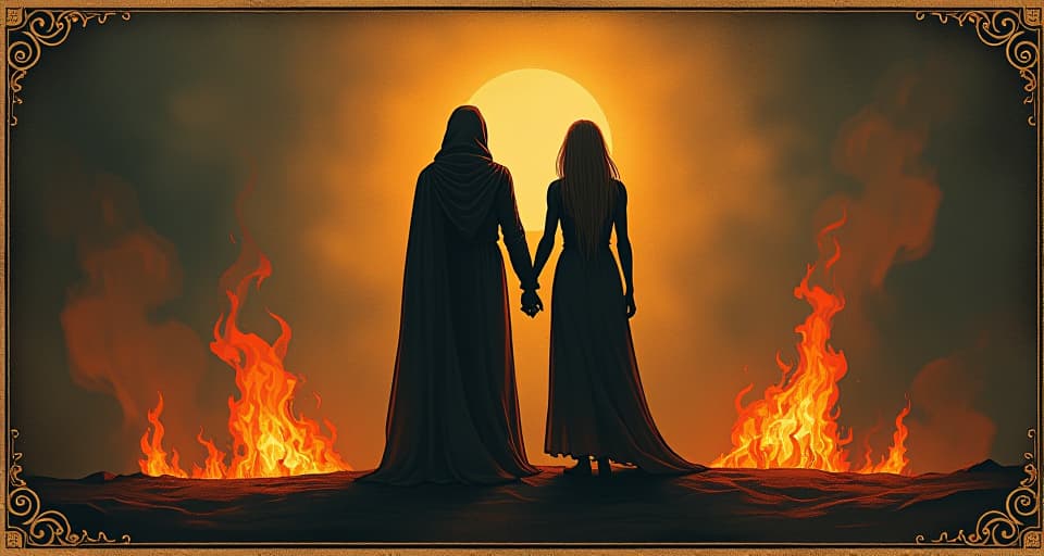  two figures standing together, silhouetted by flames, linked arms, glowing embers, solidarity, resilience. an illustration in the style of a worn, mystical old tarot trump card, mysterious and elements of surrealism. the colors are muted, somber and eerie, but with contrast bring out an occult and esoteric vibe.