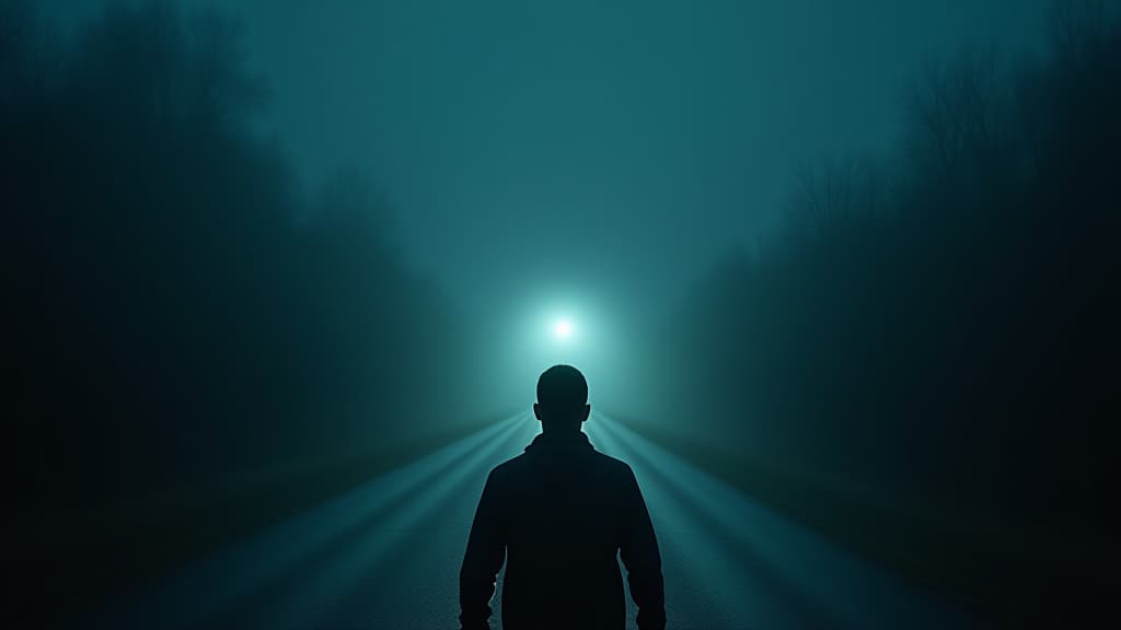  images about horror stories, an unsettling image of an empty road at night, with a faint ghostly light appearing ahead. hyperrealistic, full body, detailed clothing, highly detailed, cinematic lighting, stunningly beautiful, intricate, sharp focus, f/1. 8, 85mm, (centered image composition), (professionally color graded), ((bright soft diffused light)), volumetric fog, trending on instagram, trending on tumblr, HDR 4K, 8K