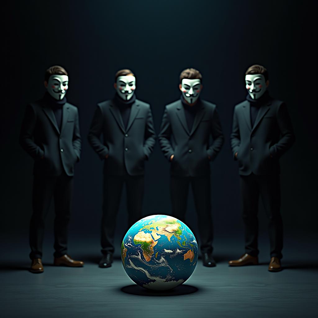  cinematic photo four men wearing anonymous masks stand and look at an earth like ball, a dark background, people looking down, the ball lies on the floor . 35mm photograph, film, bokeh, professional, 4k, highly detailed