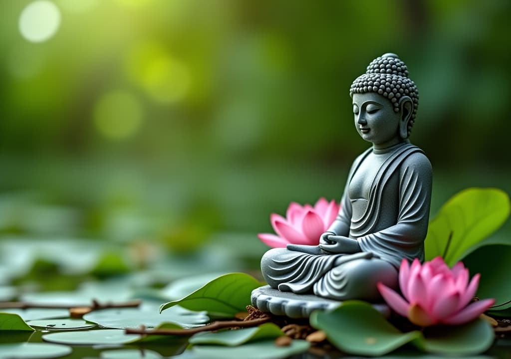  a tranquil scene of a buddha statue decorated with lotus flowers, green leaves and branches reveals the beauty of peace and nature