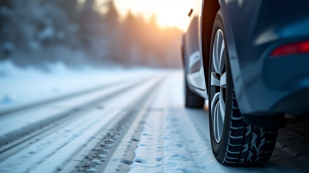  close up side view of a car with a winter tires on snowy road. tires on snowy highway detail. space for text. drive safe concept on winter or spring holidays adventures