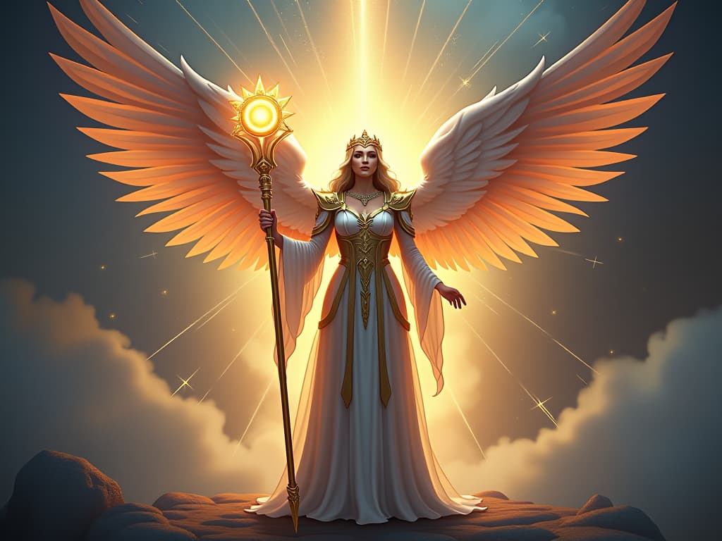  majestic celestial being with glowing staff, standing before a radiant portal, aura of manifestation and divine power. the style is digital art illustration,highly detailed, whimsical,magical, dreamlike atmosphere, realism and fantasy blend, smooth, glossy textures,luminous quality, wonder and enchantment.