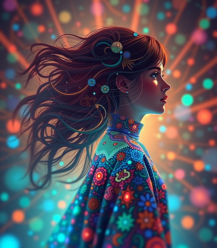  long exposure photo of light, centered, colorful, modern illustration of a girl with wild swirling hair full of landscapes. portrait, fibonacci sequence, tessellation, art nouveau, heavy outline comic book . blurred motion, streaks of light, surreal, dreamy, ghosting effect, highly detailed hyperrealistic, full body, detailed clothing, highly detailed, cinematic lighting, stunningly beautiful, intricate, sharp focus, f/1. 8, 85mm, (centered image composition), (professionally color graded), ((bright soft diffused light)), volumetric fog, trending on instagram, trending on tumblr, HDR 4K, 8K