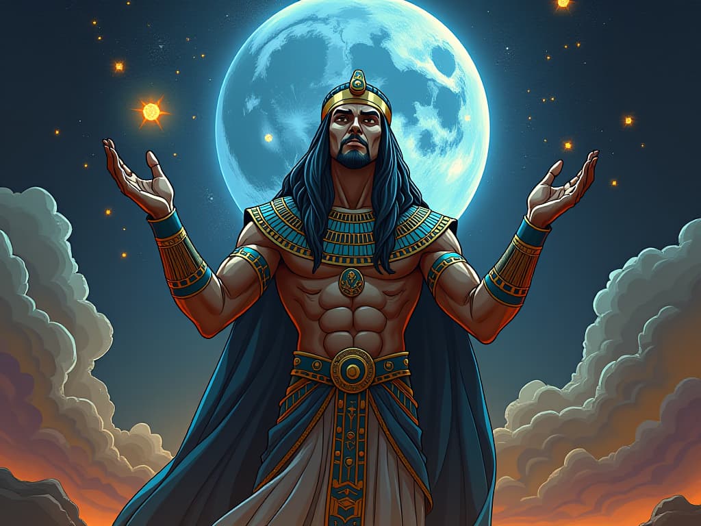  a prophet like figure, celestial symbols around, guiding humanity, atmosphere of natural miracles. the style is digital art illustration / modern comic book / mysterious occult, symbolic, esoteric vibe,high detail on character design, incorporating ancient egyptian symbology and attire.