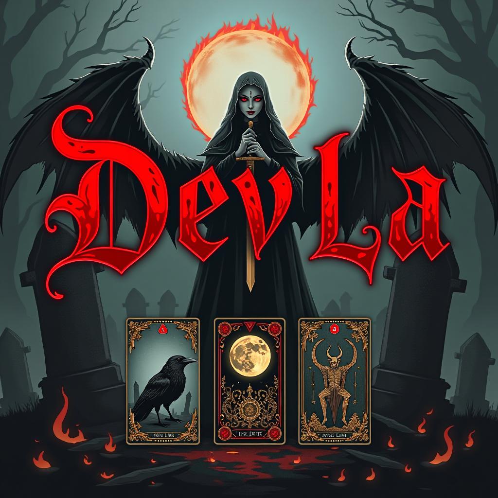  the word devla in gothic style, blood red, is placed against a graveyard background with flames. the inscription features lilith with a sword and a black raven, alongside the tarot cards the moon and the devil.