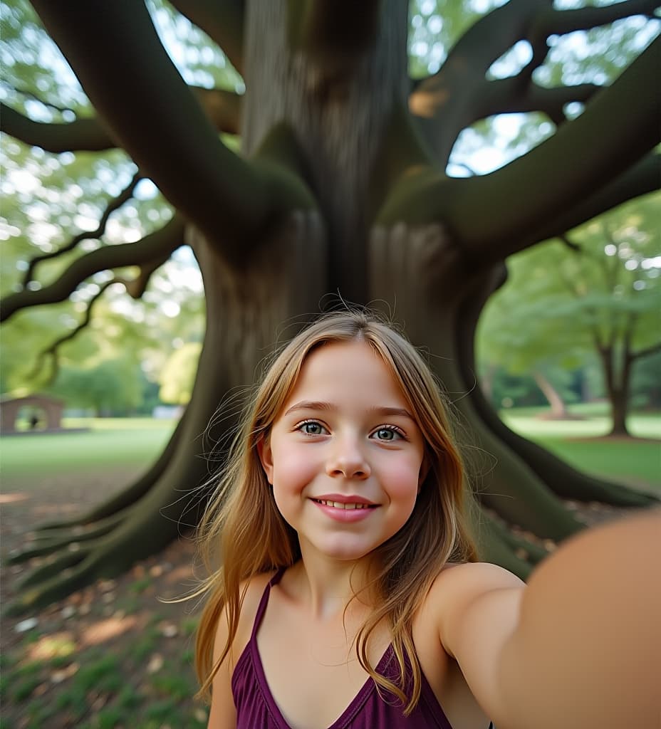  a girl standing in front of a big tree, taking a selfie