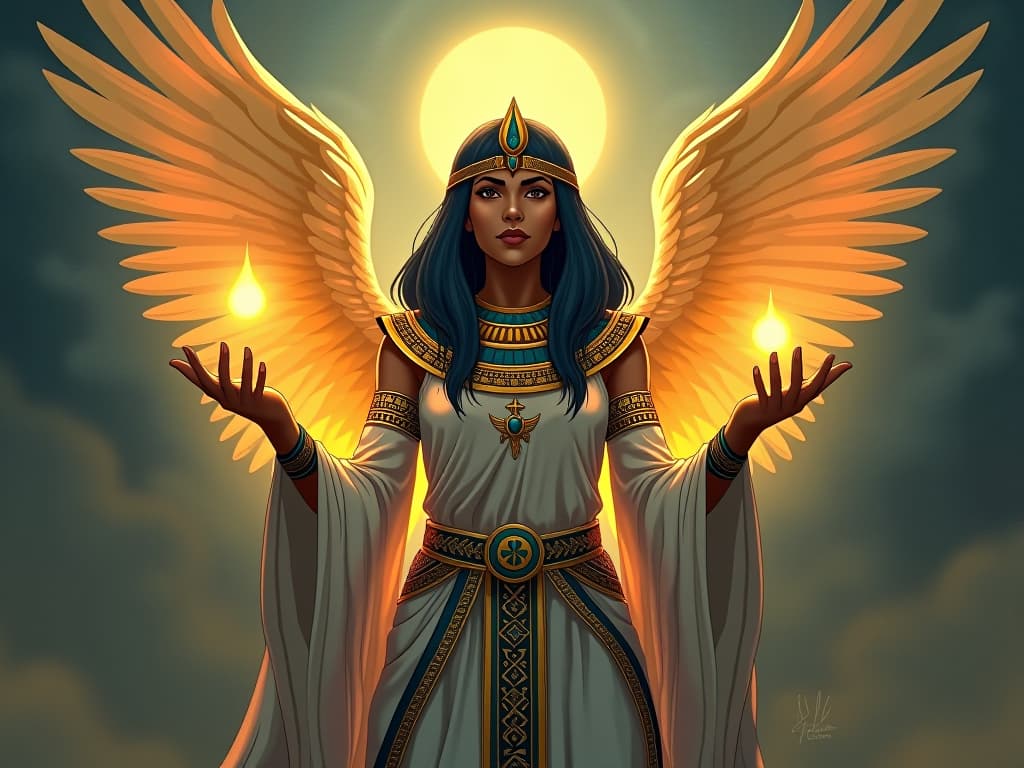  figure sharing gifts of wisdom, affirming their angelic role, surrounded by ethereal light. the style is digital art illustration / modern comic book / mysterious occult, symbolic, esoteric vibe,high detail on character design, incorporating ancient egyptian symbology and attire.