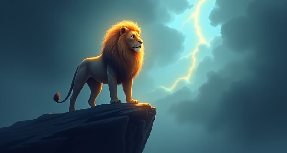  a majestic lion with a radiant mane, standing proudly on a cliff as dark clouds gather above. symbol of strength facing adversity. unyielding, ethereal, powerful.. the style is digital art illustration,highly detailed, whimsical,magical, dreamlike atmosphere, realism and fantasy blend, smooth, glossy textures,luminous quality, wonder and enchantment.