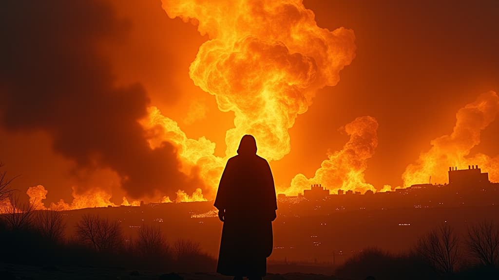  history of biblical times, the chaos of destruction encapsulated in swirling flames, with silhouettes of the cities fading into the background. hyperrealistic, full body, detailed clothing, highly detailed, cinematic lighting, stunningly beautiful, intricate, sharp focus, f/1. 8, 85mm, (centered image composition), (professionally color graded), ((bright soft diffused light)), volumetric fog, trending on instagram, trending on tumblr, HDR 4K, 8K