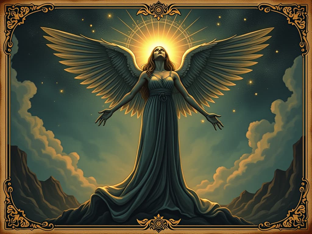  radiant figure with wings outstretched, swirling energies around, background of a cosmic sky, mood of inspiration and divinity. an illustration in the style of a worn, mystical old tarot trump card, mysterious and elements of surrealism. the colors are muted, somber and eerie, but with contrast bring out an occult and esoteric vibe.