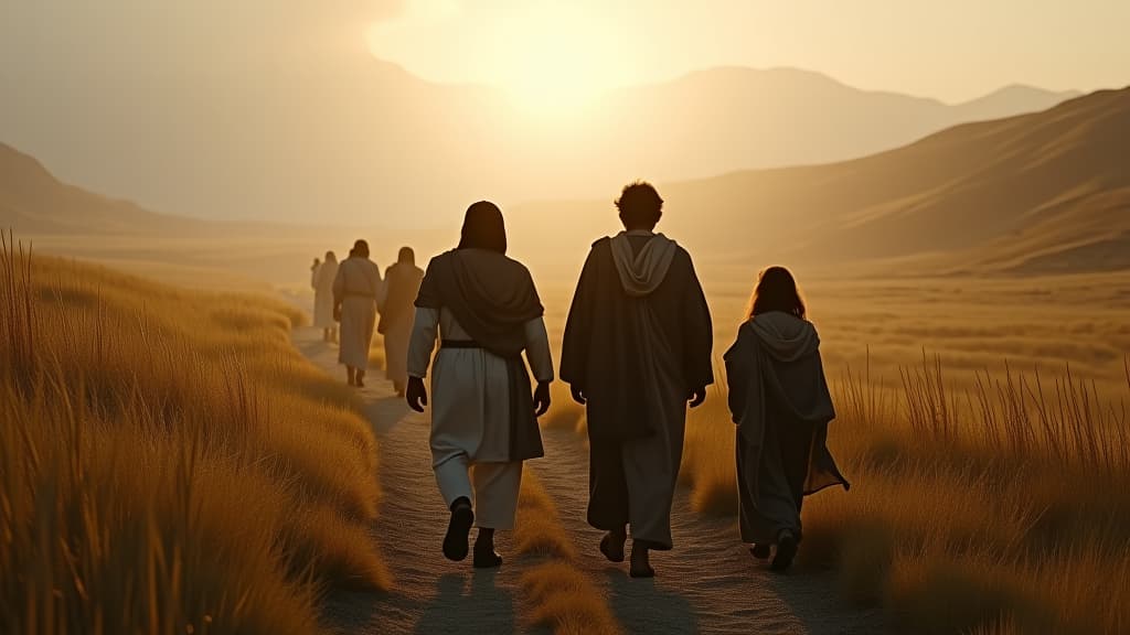  history of biblical times, the scene of jacob's family moving towards their homeland, symbolic of their journey. hyperrealistic, full body, detailed clothing, highly detailed, cinematic lighting, stunningly beautiful, intricate, sharp focus, f/1. 8, 85mm, (centered image composition), (professionally color graded), ((bright soft diffused light)), volumetric fog, trending on instagram, trending on tumblr, HDR 4K, 8K