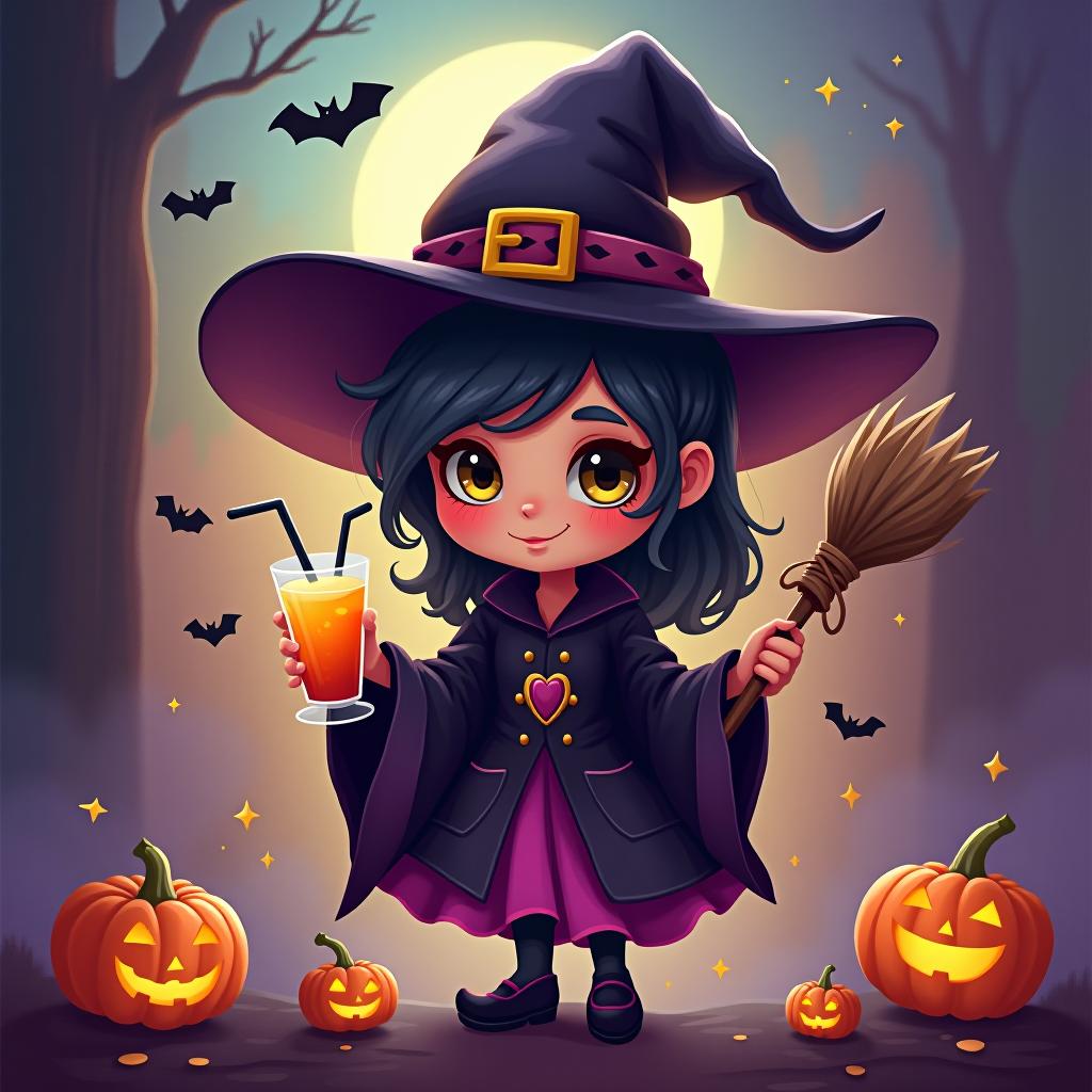  create a digital painting featuring a cute witch character. the witch should be wearing a hat. in one hand, the witch should hold a broomstick, and in the other hand, a halloween themed drink. the background should be colorful and include small black bats, pumpkins and stars to add a playful halloween touch. the overall style should be cute, whimsical, and colorful hyperrealistic, full body, detailed clothing, highly detailed, cinematic lighting, stunningly beautiful, intricate, sharp focus, f/1. 8, 85mm, (centered image composition), (professionally color graded), ((bright soft diffused light)), volumetric fog, trending on instagram, trending on tumblr, HDR 4K, 8K