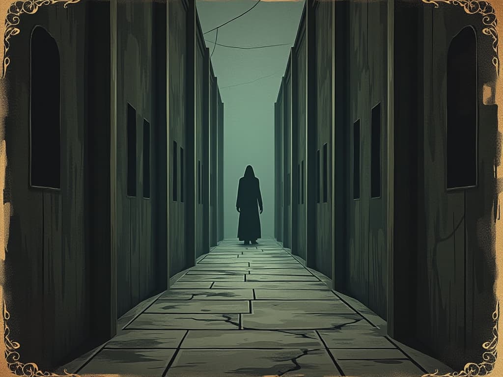  a dark alley with invisible barriers, a menacing figure lurking in shadows, oppressive atmosphere, mood of manipulation. an illustration in the style of a worn, mystical old tarot trump card, mysterious and elements of surrealism. the colors are muted, somber and eerie, but with contrast bring out an occult and esoteric vibe.