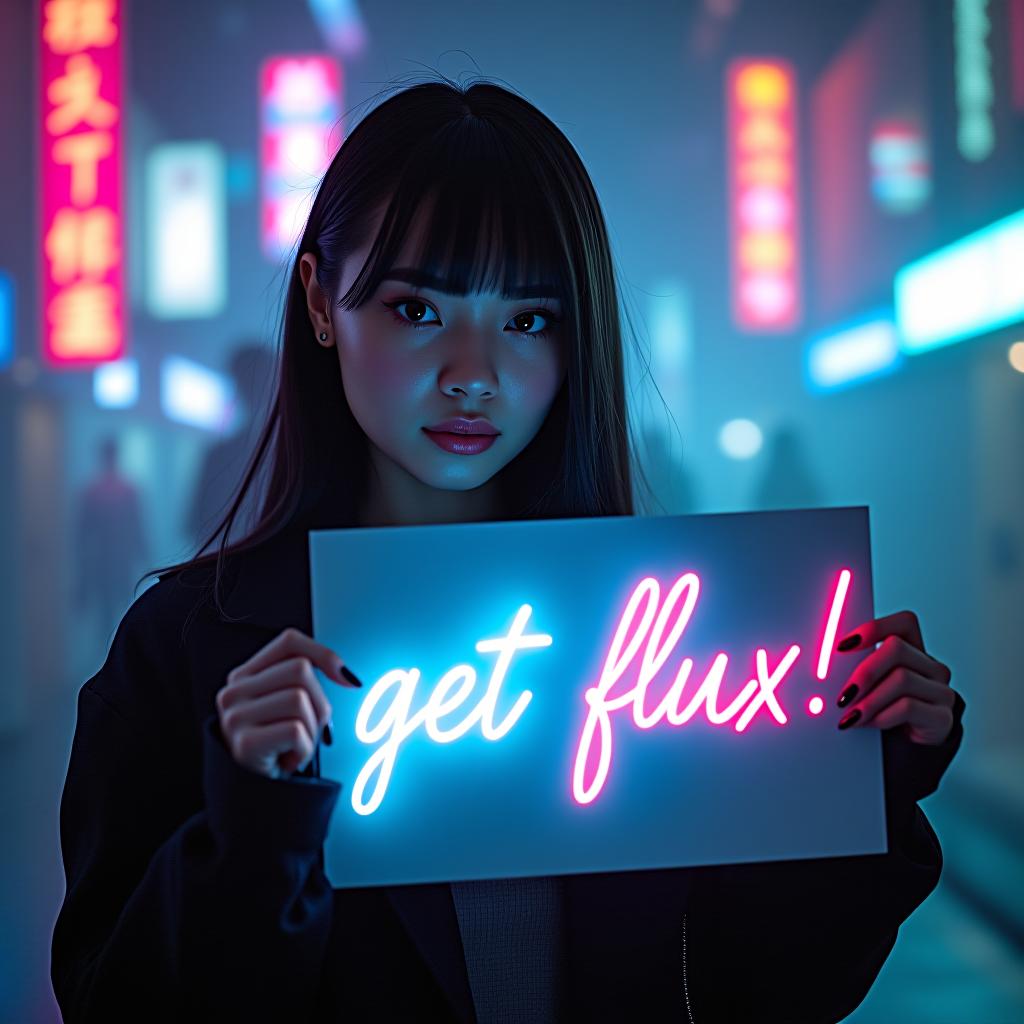  a beautiful woman in cyberpunk style holds a sign with calligraphic text "artgeneration.me get flux!" hyperrealistic, full body, detailed clothing, highly detailed, cinematic lighting, stunningly beautiful, intricate, sharp focus, f/1. 8, 85mm, (centered image composition), (professionally color graded), ((bright soft diffused light)), volumetric fog, trending on instagram, trending on tumblr, HDR 4K, 8K