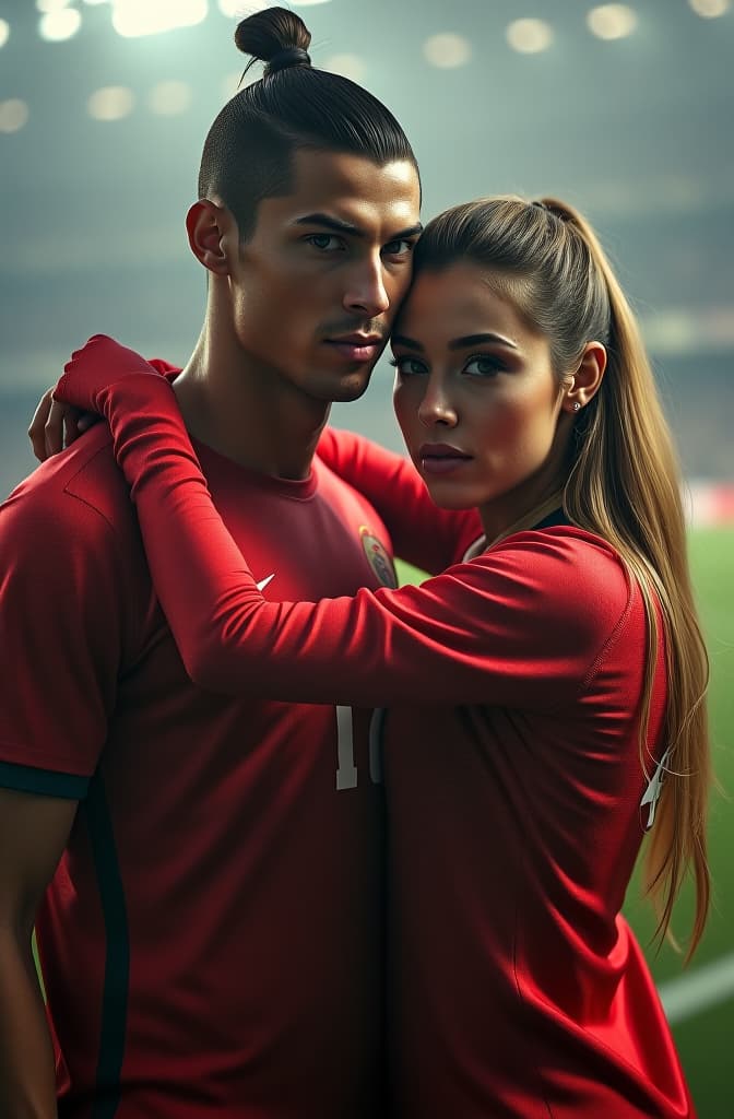  cristiano ronaldo junto a alisha lehmann hyperrealistic, full body, detailed clothing, highly detailed, cinematic lighting, stunningly beautiful, intricate, sharp focus, f/1. 8, 85mm, (centered image composition), (professionally color graded), ((bright soft diffused light)), volumetric fog, trending on instagram, trending on tumblr, HDR 4K, 8K