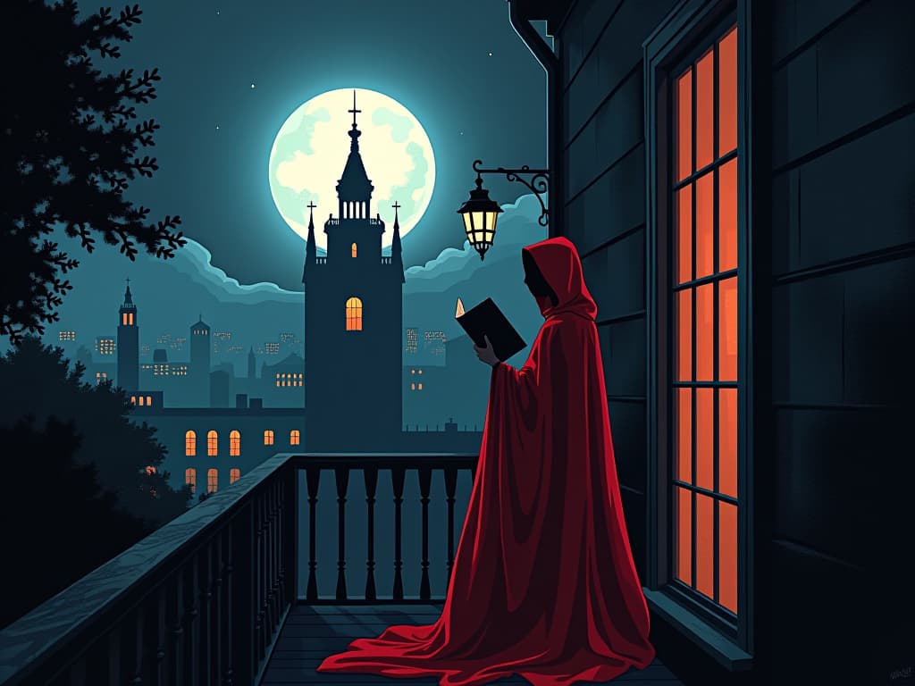  red clad figure on a moonlit balcony, book in hand, thoughtful expression, atmosphere of living with intention. the style is digital art illustration / modern comic book / graphic dark novel fantasy and mysterious occult, symbolic, moody lighting, esoteric vibe,high detail on character design. for the color scheme emphasize blacks and reds.