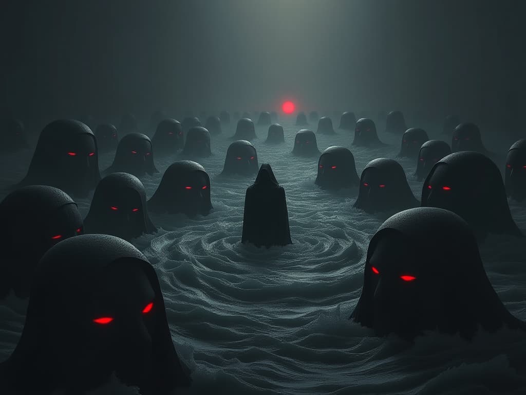  ocean of dark faces, only dimly seen, central figure sinking amidst them, distant waves symbolizing far reaching judgment. the style is dark fantasy and mysterious occult, symbolic, moody lighting, esoteric vibe,high detail on character design. for the color scheme emphasize blacks and reds.