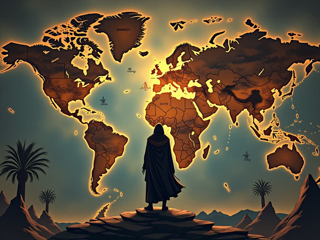  map of the ancient world, highlighting rising markets, bustling with activity, symbolizing investing in emerging markets. the style is digital art illustration / modern comic book / mysterious occult, symbolic, esoteric vibe,high detail on character design, incorporating ancient egyptian symbology and attire.