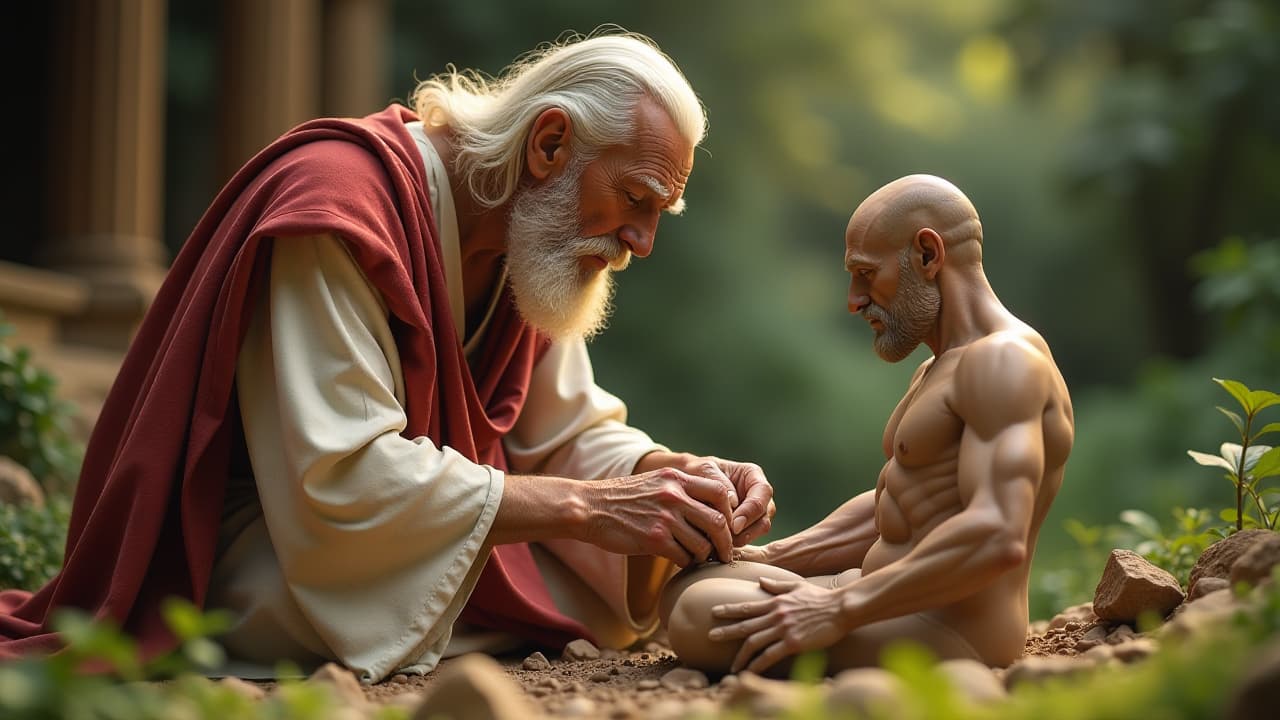  a realistic scene of a strong, elderly man with vigor, dressed in celestial robes, representing god. he is bent over, carefully sculpting adam from the clay of the garden. adam is still in the process of being created, not yet formed, remaining as pure clay., high quality, high details, hd, perfect composition, 4k epic detailed, highly detailed, sharp focus, high resolution