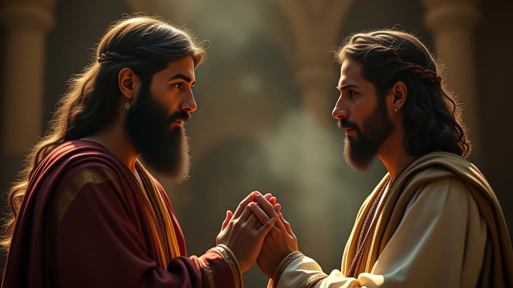  history of biblical times, laban and jacob exchange solemn vows of respect and non aggression, captured in their serious expressions. hyperrealistic, full body, detailed clothing, highly detailed, cinematic lighting, stunningly beautiful, intricate, sharp focus, f/1. 8, 85mm, (centered image composition), (professionally color graded), ((bright soft diffused light)), volumetric fog, trending on instagram, trending on tumblr, HDR 4K, 8K