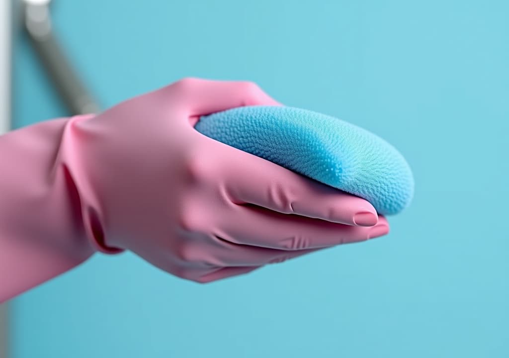  blue cleaning sponge and hand with pink cleaning glove 2