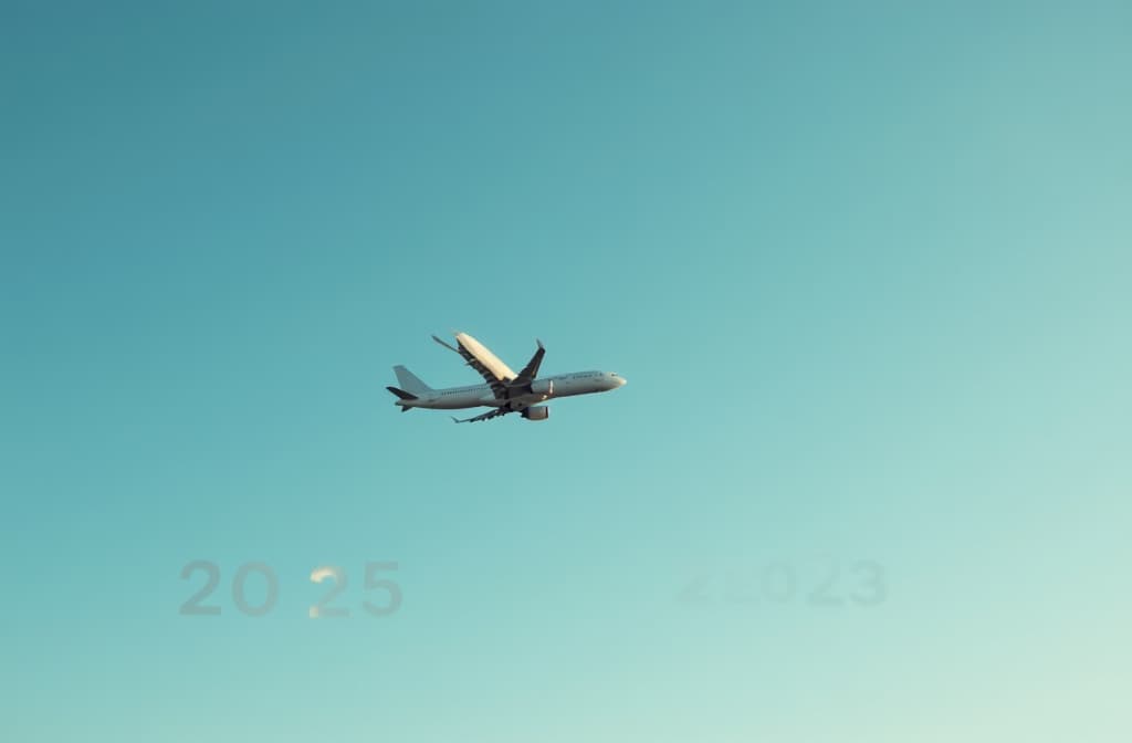  professional detailed photography, an airplane flying towards the small letters “2025” against the background of clear blue sky. , (muted colors, dim colors, soothing tones), (vsco:0.3)