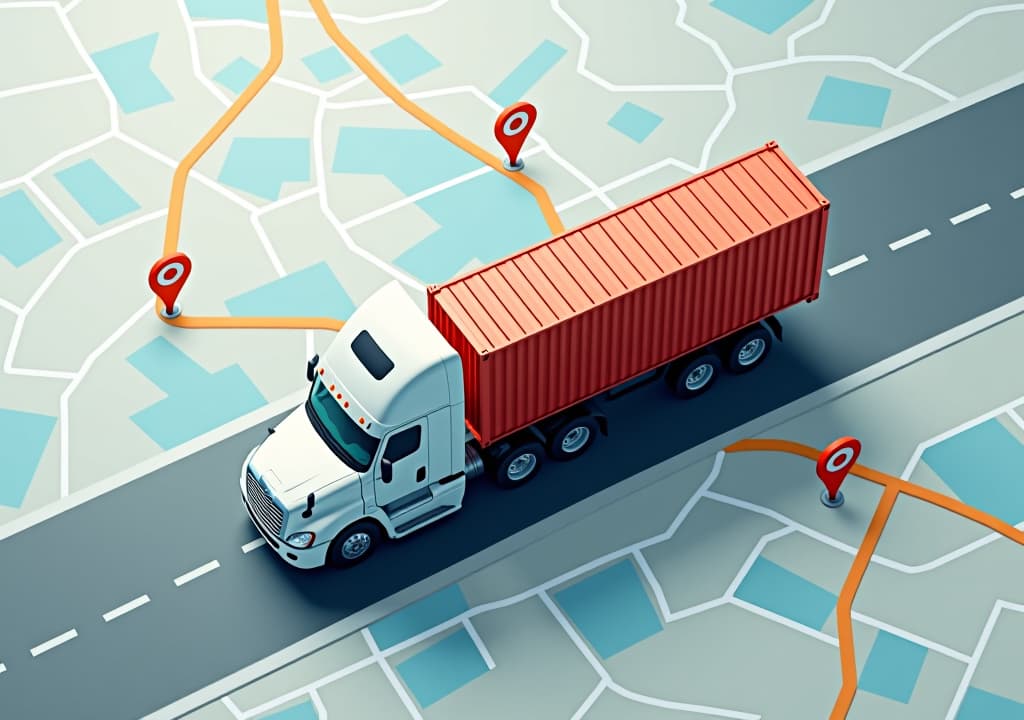  gps tracking from top view moving truck with container on a map.