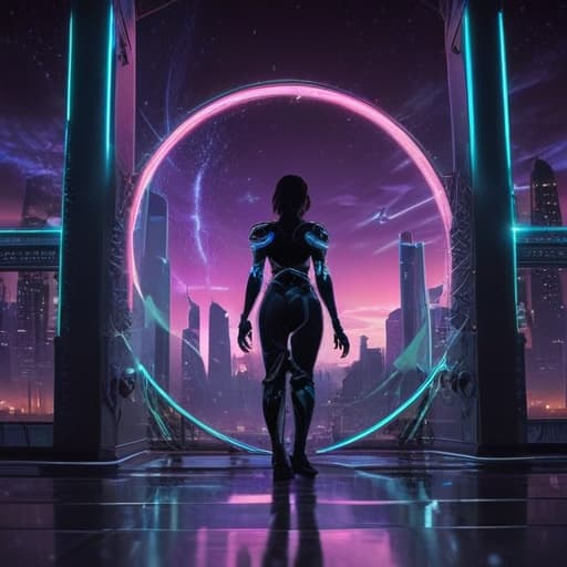 In a futuristic cityscape under a starry night sky, a sleek and mysterious figure emerges from a portal of light. The figure, VotorG13 - Early Game, radiates a brilliant light, with intricate circuit patterns glowing across its metallic body. As it materializes, magical energy swirls around it, ready to unleash its power. In the background, a city skyline twinkles with neon lights, reflecting the card's attribute of light. The scene is rendered in a digital art style reminiscent of Akina Fujiwara, with attention to detail and dynamic lighting effects. fantastical creatures or characters inspired by mythology, folklore, or popular culture. use vibrant colors, sharp lines, intricate details, dynamic poses, dramatic lighting, atmospheric backg