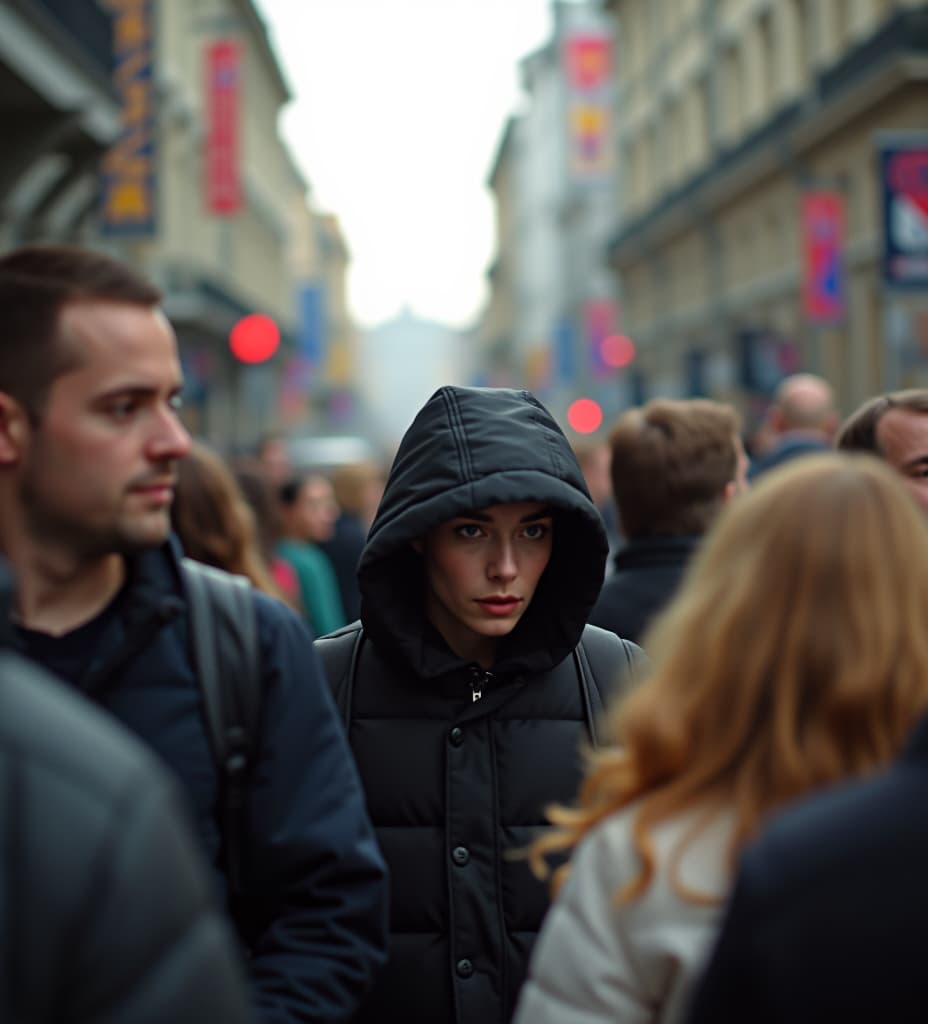  a typical bustling city scene in berlin with an alien amidst people trying to hide and blend in. amateur shot, everything is sharp.