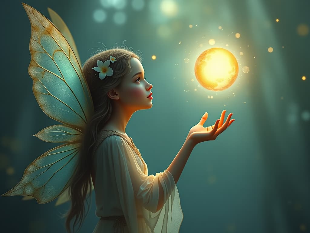  a serene fairy with large, shimmering wings, whispering to a radiant, glowing orb hovering above her hand in an enchanted clearing. the orb symbolizes the voice of the higher self. enchanted, ethereal, luminous.. the style is digital art illustration,highly detailed, whimsical,magical, dreamlike atmosphere, realism and fantasy blend, smooth, glossy textures,luminous quality, wonder and enchantment.