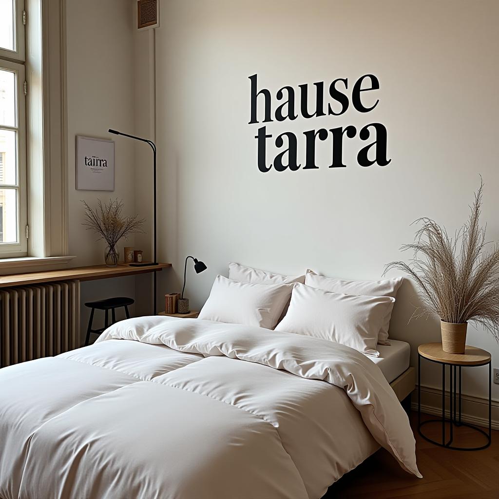  the atelier has "hause tarra" written on the wall. it's a brand of bedding made from tencel.