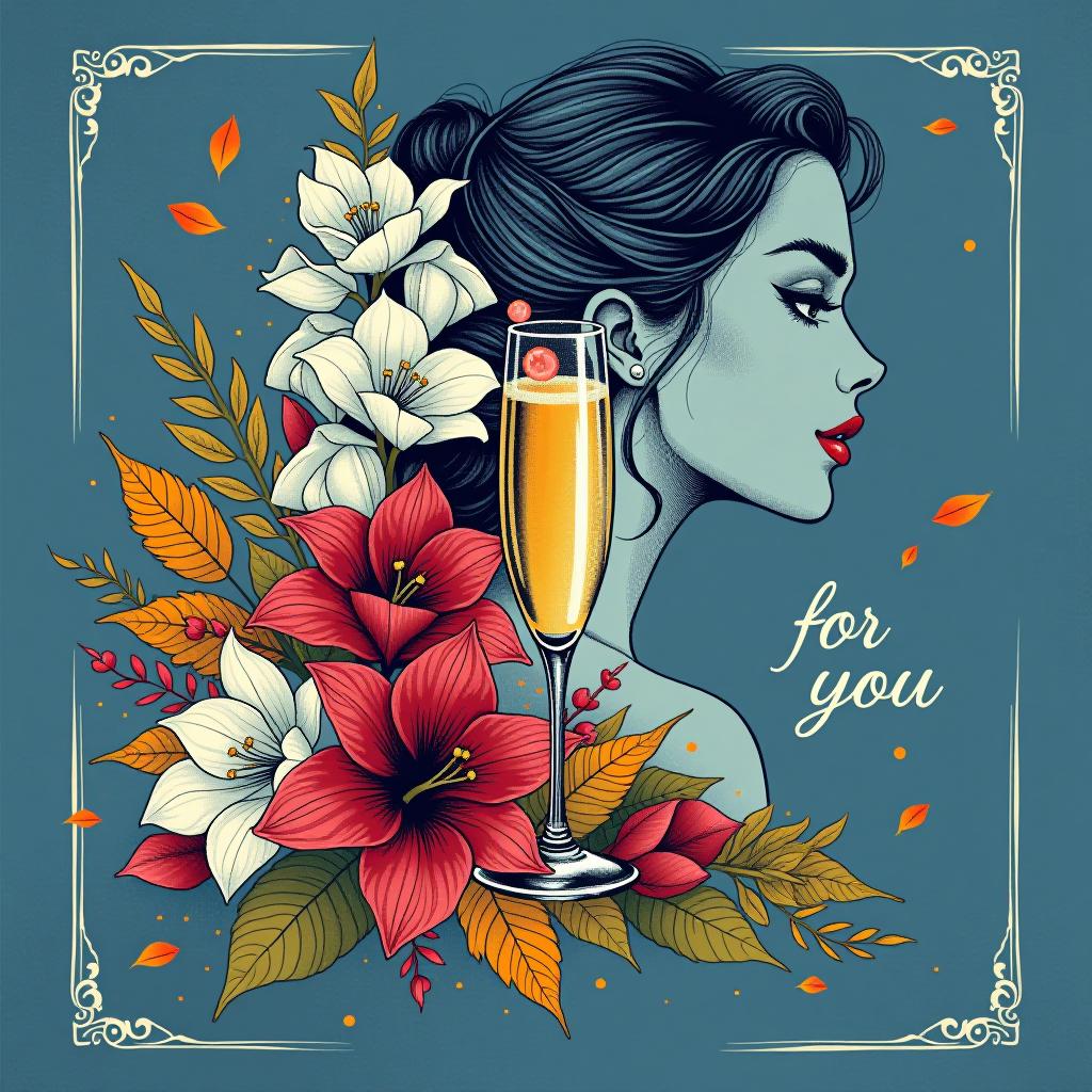  postcard design: bluish blue background with ((decorated with fine fine fractal glitter, bright leaves, ink sketch lines on blue background, outlines, falling autumn leaves, silver swirls, autumn leaves)) . ((graceful,slim, profile of a woman's face, in the style of autumn art fantasy 1,7)). ((crystal tall glass)) :champagne with ice cubes and chocolate.((birthday greeting card))). (in the centre of the card is a bouquet of white gladioluses with the inscription (("for you"))).((bouquet of burgundy gladioluses surrounded by multicoloured foliage 1,2)) (colour of the bouquet): burgundy red with an orange border. (foliage colour) :golden, silvery white, burgundy, green, golden green, (style):fantasy, design art, greeting cards. (style):fantas