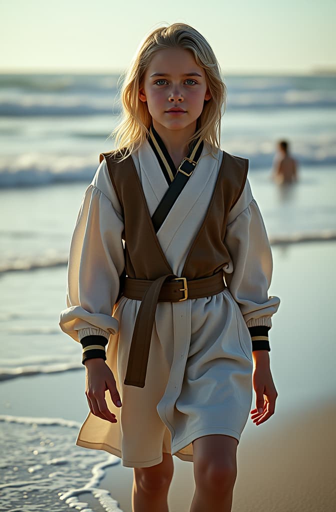  young in on the beach hyperrealistic, full body, detailed clothing, highly detailed, cinematic lighting, stunningly beautiful, intricate, sharp focus, f/1. 8, 85mm, (centered image composition), (professionally color graded), ((bright soft diffused light)), volumetric fog, trending on instagram, trending on tumblr, HDR 4K, 8K