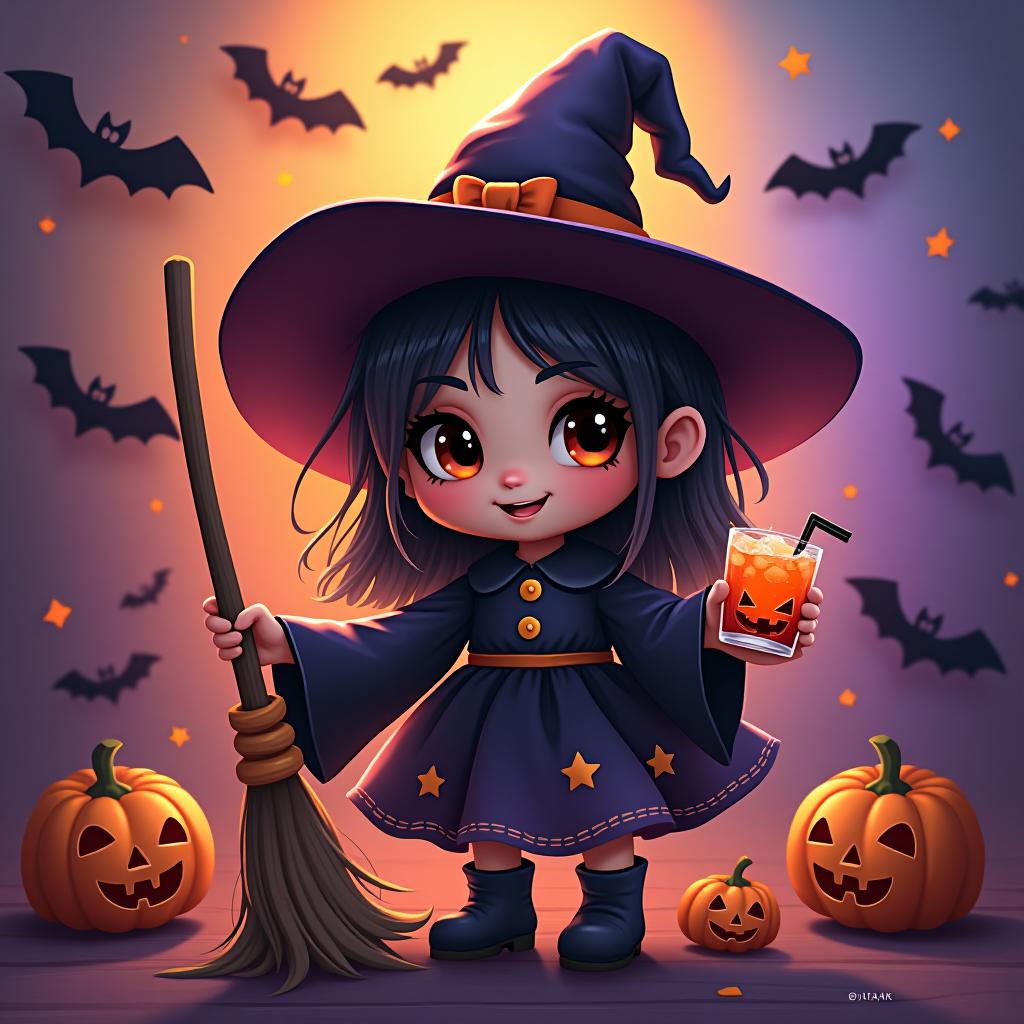  create a digital painting featuring a cute witch character. the witch should be wearing a hat. in one hand, the witch should hold a broomstick, and in the other hand, a halloween themed drink. the background should be colorful and include small black bats, pumpkins and stars to add a playful halloween touch. the overall style should be cute, whimsical, and colorful hyperrealistic, full body, detailed clothing, highly detailed, cinematic lighting, stunningly beautiful, intricate, sharp focus, f/1. 8, 85mm, (centered image composition), (professionally color graded), ((bright soft diffused light)), volumetric fog, trending on instagram, trending on tumblr, HDR 4K, 8K