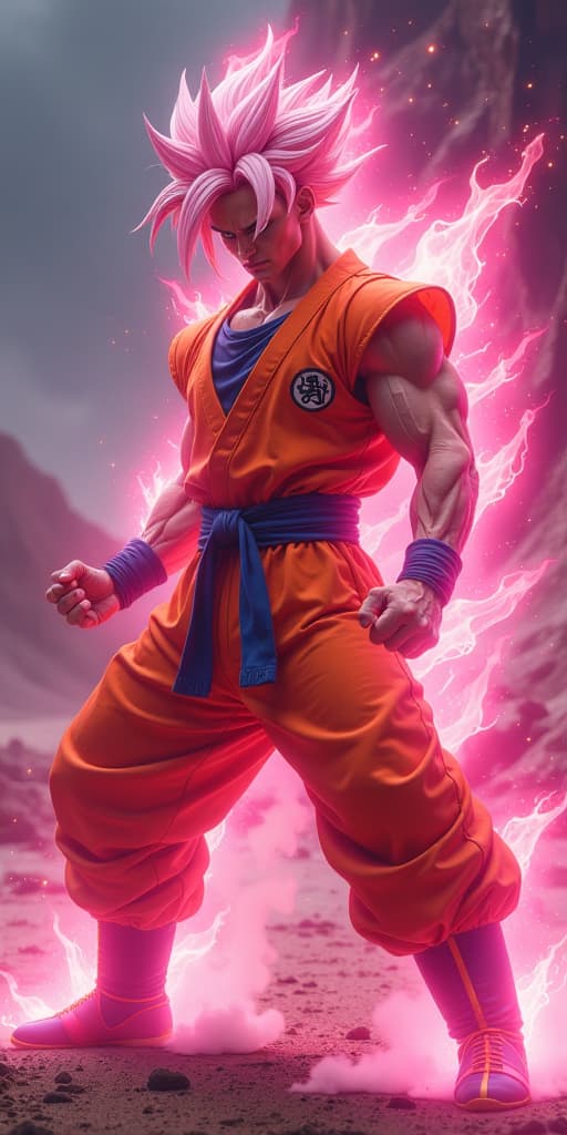  generate an art image. style photorealism. imagine a powerful fictional character with spiky hair, showcasing an impressive supernatural form radiating a light pink energy aura. this character is a mix of two others, an embodiment of ultimate power and technique. he's got a lean muscular build, wearing a distinctive orange martial arts uniform. he's posed in a defensive stance, ready to launch into action any moment. hyperrealistic, full body, detailed clothing, highly detailed, cinematic lighting, stunningly beautiful, intricate, sharp focus, f/1. 8, 85mm, (centered image composition), (professionally color graded), ((bright soft diffused light)), volumetric fog, trending on instagram, trending on tumblr, HDR 4K, 8K