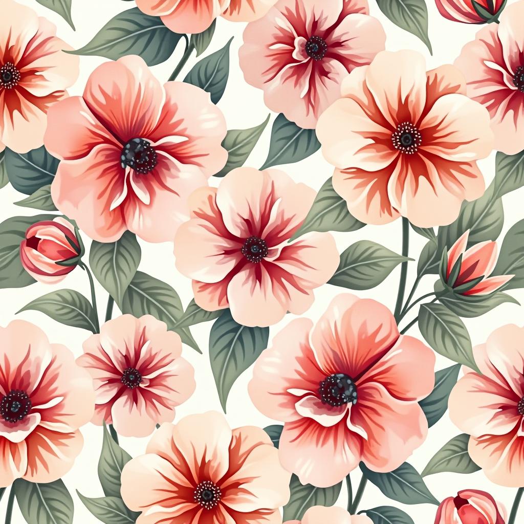  create a seamless digital design featuring a pattern of large, beautiful flowers with soft, watercolor like effects. the flowers should cover the entire surface, creating a bold, elegant, and continuous look. the overall style should be light and airy, with delicate leaves and petals to enhance the natural, floral theme. the design should be seamless to ensure it can be used in repeating patterns or wraps.