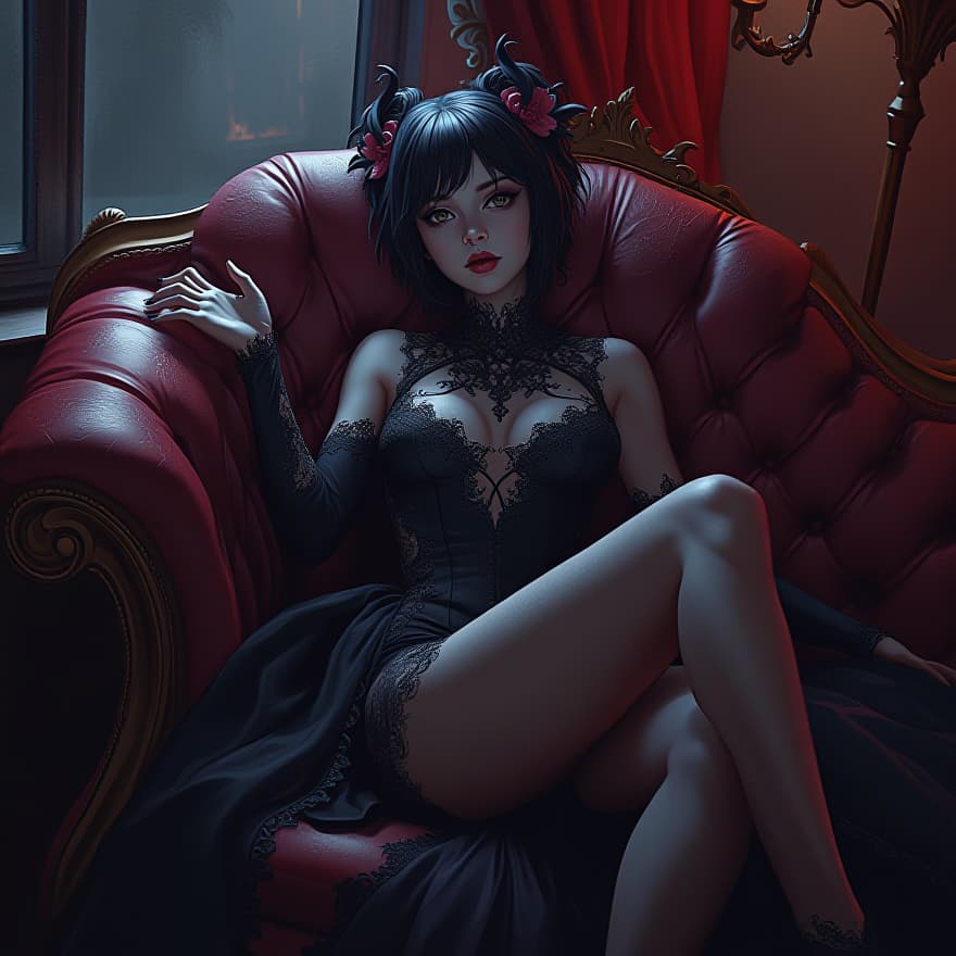  a character from tekken reclines on an ornate couch in a dimly lit vampire themed lounge. she has a mysterious aura, enhanced by her gothic attire, which features intricate lace and dark fabrics. her supernatural powers are subtly hinted at through a faint glow around her hands. the atmosphere is rich and moody, with shadows dancing across the room. her languid pose and hypnotic eyes draw the viewer in, creating an enigmatic and captivating presence. the artwork is in the modern digital painting style of loish, showcasing vibrant colors and detailed textures, emphasizing her elegance and power.