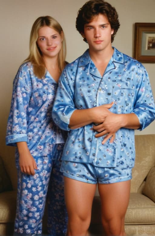  Hyperrealistic intricately detailed full body professional studio photograph of a old Caucasian posing with her old sister and old Caucasian boyfriend in the living room. The boy wears blue pajama briefs. The s wears flowery onesies with the fronts zipped wide open to show her , puffy s. The grabs the boy’s in her hands. The boy fondles the . The has a surprised look on her face. 1990s photo