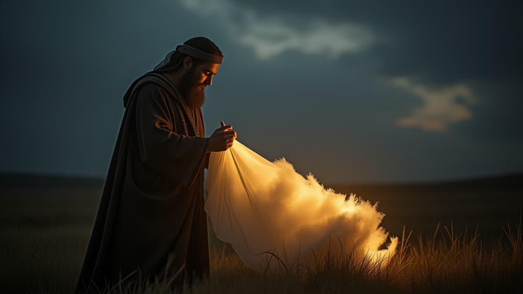  history of biblical times, gideon testing his faith by asking god for signs with a fleece, surrounded by the quietness of the night. hyperrealistic, full body, detailed clothing, highly detailed, cinematic lighting, stunningly beautiful, intricate, sharp focus, f/1. 8, 85mm, (centered image composition), (professionally color graded), ((bright soft diffused light)), volumetric fog, trending on instagram, trending on tumblr, HDR 4K, 8K