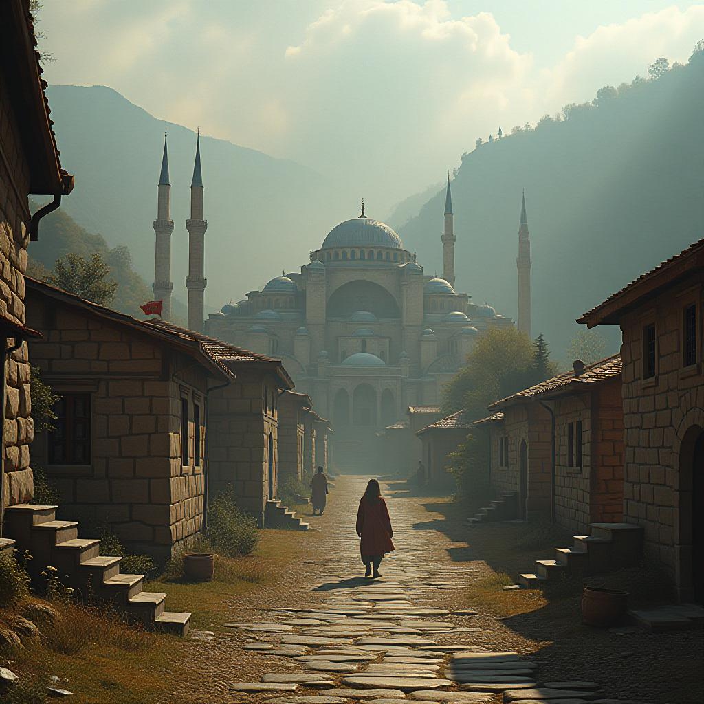  a visual of the ancient appearance of a place in the northwest region of turkey. the visual should include plenty of historical and cultural elements. it should also be a city view. specifically bursa, nilufer  hyperrealistic, full body, detailed clothing, highly detailed, cinematic lighting, stunningly beautiful, intricate, sharp focus, f/1. 8, 85mm, (centered image composition), (professionally color graded), ((bright soft diffused light)), volumetric fog, trending on instagram, trending on tumblr, HDR 4K, 8K