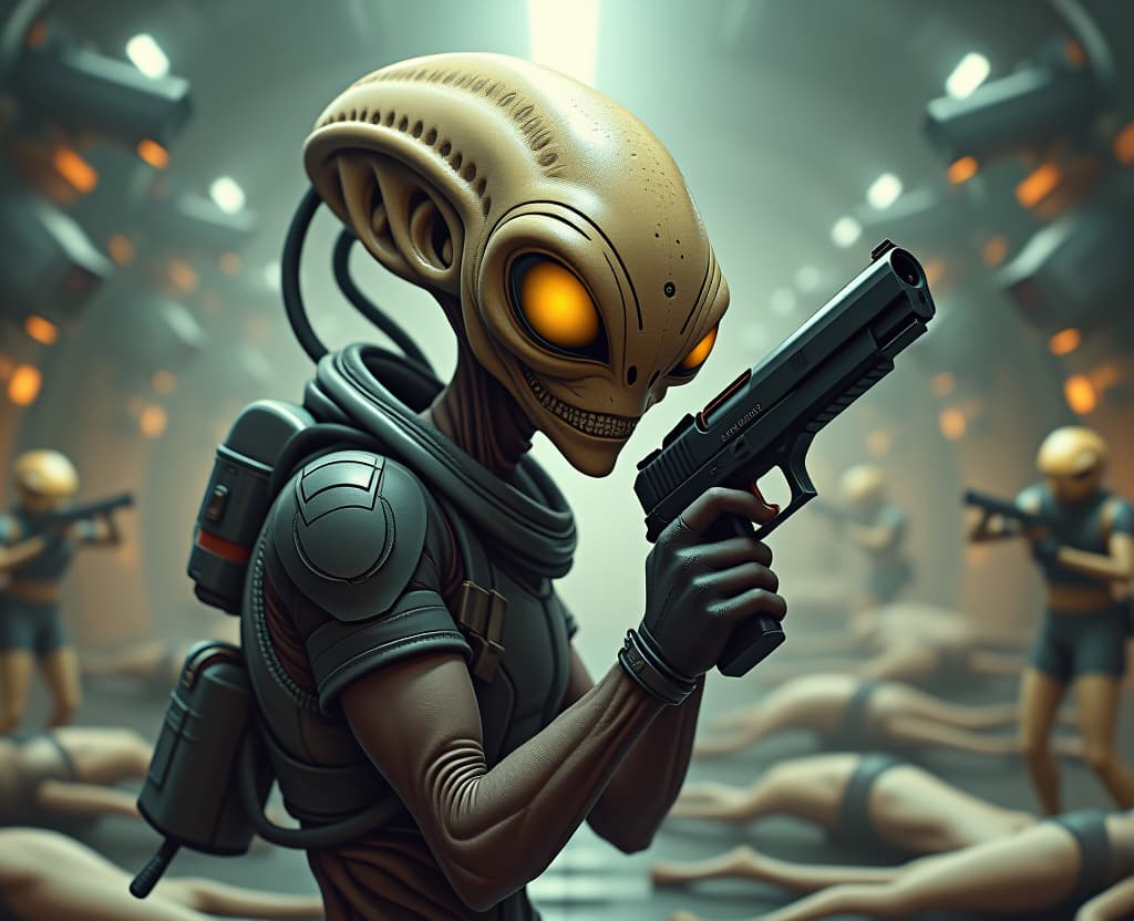  manga style alien race, elongated head, beige skin, snake mouth, yellow eyes with black pupils, combat suit, futuristic pistol, opponents, dead bodies, combat space base, cameras, turrets . vibrant, high energy, detailed, iconic, japanese comic style hyperrealistic, full body, detailed clothing, highly detailed, cinematic lighting, stunningly beautiful, intricate, sharp focus, f/1. 8, 85mm, (centered image composition), (professionally color graded), ((bright soft diffused light)), volumetric fog, trending on instagram, trending on tumblr, HDR 4K, 8K