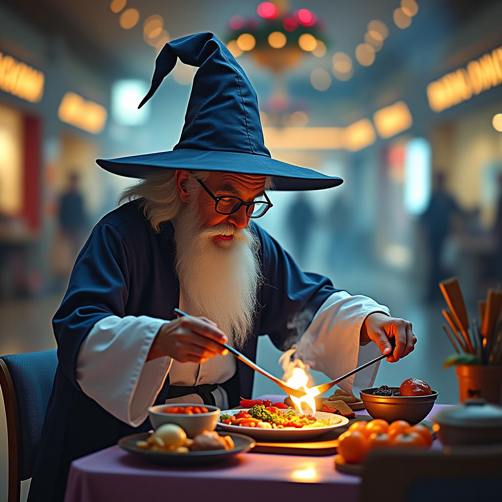  a wizard cooking dinner, watercolor painting, at the mall, fairy lights, hdr 4k hyperrealistic, full body, detailed clothing, highly detailed, cinematic lighting, stunningly beautiful, intricate, sharp focus, f/1. 8, 85mm, (centered image composition), (professionally color graded), ((bright soft diffused light)), volumetric fog, trending on instagram, trending on tumblr, HDR 4K, 8K